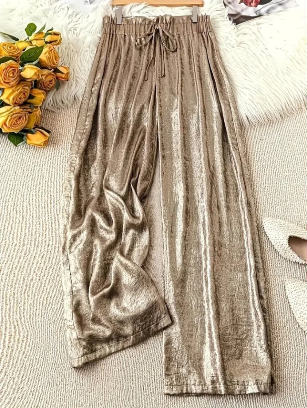 Elegant Loose-Fit Straight-Leg Pants with Elastic Waist - Wide